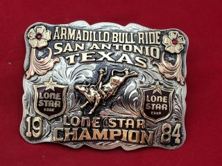 Rodeo Champion Trophy Buckle☆1984☆san Antonio Texas Bull Riding Vintage 51