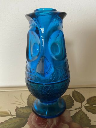 Vintage Mid Century Blue Viking Glass Owl Fairy Lamp Candle