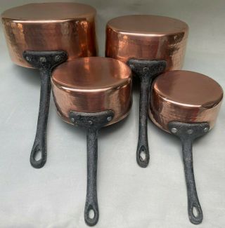 Vintage French Set Of 4 Kitchen Hammered Copper Pans,  Retro Cooking Metalware