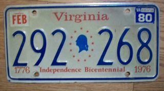 Single Virginia License Plate - 1980 - 292 268 - Bicentennial