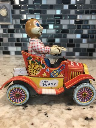 Vintage Toy Japan Tin Litho Friction " Happy Bunny " Car 1957 Yonezawa