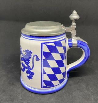Vintage Bavaria German Beer Stein Stoneware Rein Zinn - Lions & Coat Arms Flags