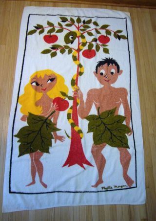 Vintage Royal Terry Adam Eve Garden Eden Snake Nude Beach Towel Phyllis Morgan