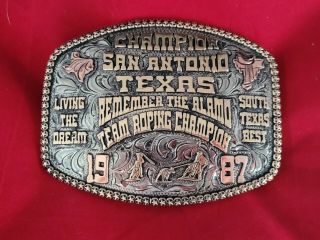 Rodeo Trophy Buckle☆1987☆san Antonio Texas Team Roping Champion Vintage 333