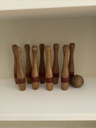 Vintage Wooden 6.  5” Skittles Bowling Set Game 9 Pins Wood Toy Burgundy Striped 2