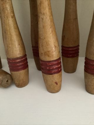 Vintage Wooden 6.  5” Skittles Bowling Set Game 9 Pins Wood Toy Burgundy Striped 3