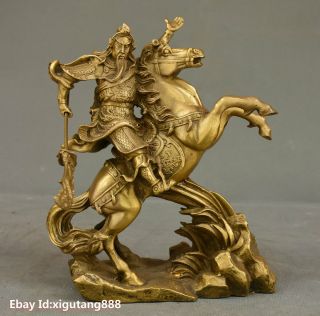 8 " Collect Chinese Brass Dragon Warrior Guan Gong Guan Yu God Ride Horse Statue