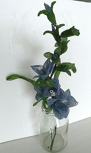 Rare 10 Vintage French Glass Seed Beaded Blue Gladiolus Flower 20 " Stem Bouquet