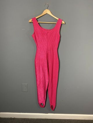 Vintage 80s Jacques Moret Womens L Pink Shiny Bodysuit One - Piece Unitard Stirrup