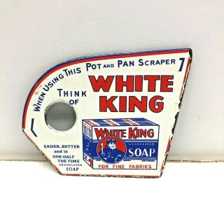 Vintage 3 " Porcelain Enamel White King Soap Metal Pot Scraper Ad Sign