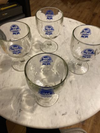 4 Pabst Blue Ribbon Beer Pbr Stemmed Thumbprint Goblet Glass Vintage Style