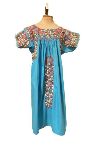 Vintage Hand Embroidered Blue & White San Antonino Oaxaca Huipil Dress Draped