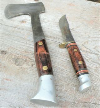 Vintage Western Knife & Axe Combo Set Wood Handles With Leather Sheath.