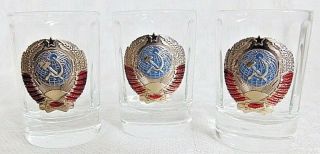 Russian Shot Glasses Set with USSR Coat of Arms metal Badges,  3x50 ml 2