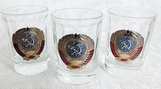 Russian Shot Glasses Set with USSR Coat of Arms metal Badges,  3x50 ml 3