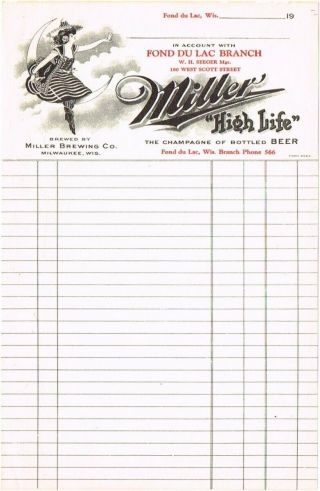 C - 1905 Wisconsin Fond Du Lac Branch Of Miller High Life Letterhead Tavern Trove