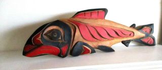 Pacific Northwest First Nations Native Cedar Art Carved Salmon,  Signed,  Gitxsan