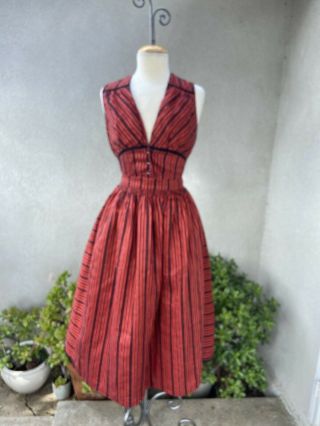 Vintage Red Black Stripe Salzburger Dirndl Dress Apron Sz 38