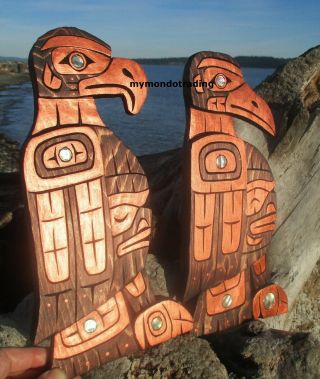 First Nations Pacific Northwest Native Art Hand Carved Raven And Eagle,  Signed
