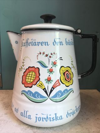 Vintage Classic Large Berggren Swedish Enamelware Coffee Pot Folk Art Hygge