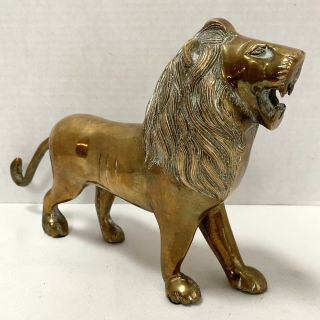 Vintage Solid Brass Roaring Lion Statue Sculpture - 11 In Long,  4 Pounds