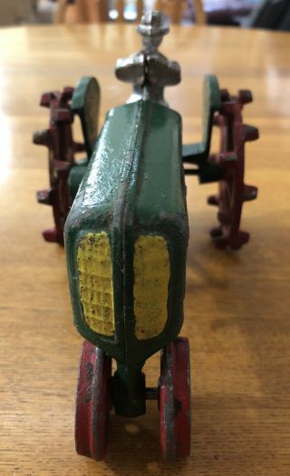 Vintage Cast Iron Tractor With Driver Green Yellow & Red Rolls Good Great Shape 2
