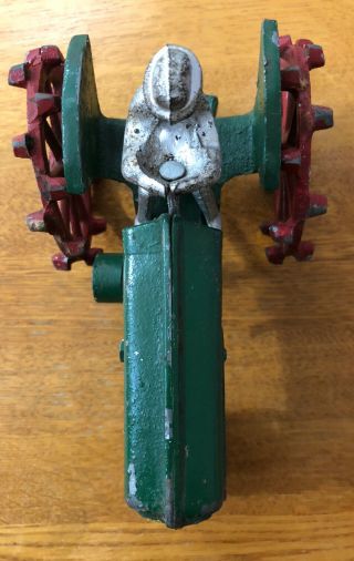 Vintage Cast Iron Tractor With Driver Green Yellow & Red Rolls Good Great Shape 3