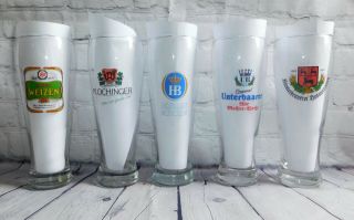 Set Of 5 Beer Co.  Drinking Glasses.  5l Weizen Hofbrau Plochinger Unterbaarer Etc
