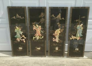 4 Vintage Asian Chinese Mother Of Pearl Black Lacquer Wall Plaques Panels