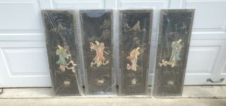 4 Vintage Asian Chinese Mother of Pearl Black Lacquer Wall Plaques Panels 2