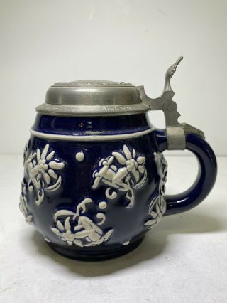 Vintage German Ceramic Beer Stein Lidded Mug Floral Scene Cobalt Blue 1949