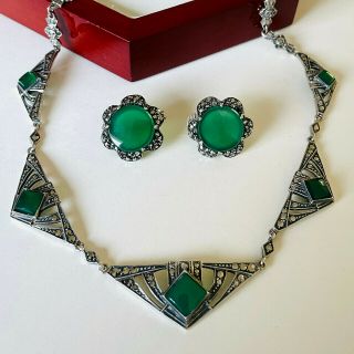 Vintage Sterling Silver Art Deco Marcasite/green Chalcedony Necklace/earrings
