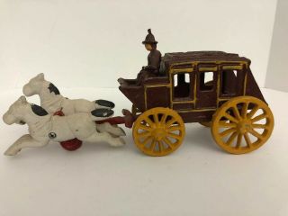 Vintage Cast Iron Brown Stagecoach & Driver With White Horses