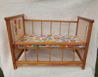 Vintage Wooden Doll Crib,  Abcs & Organ Grinder Bear Decal,  Honey Colored Wood