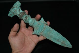 Ancient Bactrian Bronze Dagger With 2 Lion Heads On The Handle & With Engravings