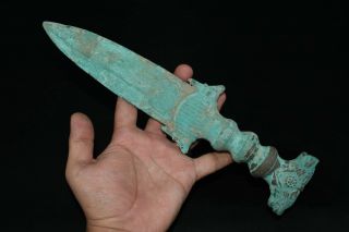 Ancient Bactrian Bronze Dagger with 2 Lion Heads on the Handle & with Engravings 2