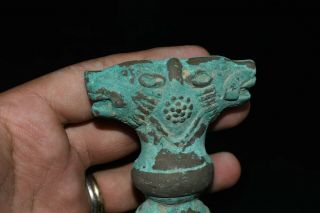Ancient Bactrian Bronze Dagger with 2 Lion Heads on the Handle & with Engravings 4