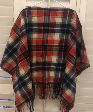 Vintage Pendleton One Size 100 Virgin Wool Plaid Fringe Blanket Poncho Zipper