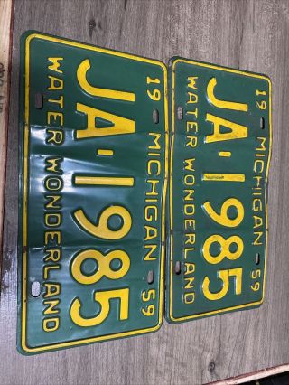 Vintage 1959 Michigan License Plates Pair Green & Yellow