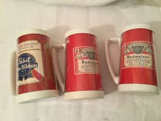 2 Vintage Budweiser Beer & Pabst Blue Ribbon Mugs Thermo - Serv Insulated Red Cup