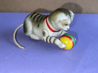 Vtg Tin Kitty Cat With Ball Gnk Kohler Germany Wind Up Litho Vintage Box No Key