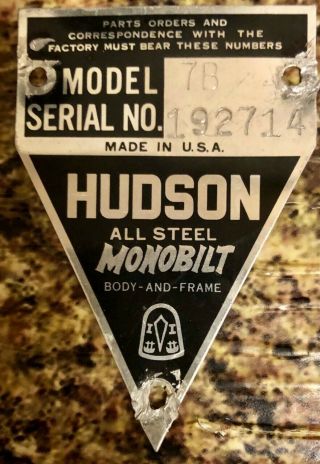 Hudson Nameplate Serial Number Plate Stepdown Right Front Door 48 49 50 51 53 54