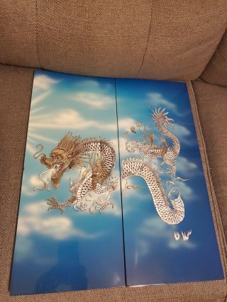 Chinese Dragons Wall Art.  4 Plaques.  Mother Of Pearl Inlay.  18x8.  Sky 2