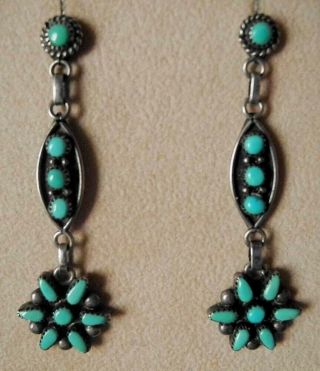 Zuni Indian Sterling Turquoise Earrings By E L Lonasee 2.  25 " Drop Dangle Pierced