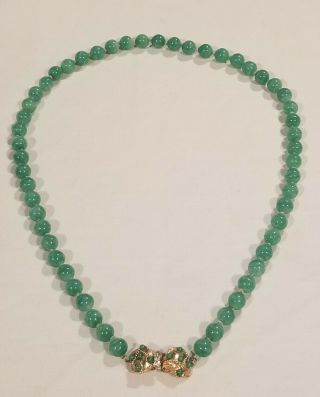 Vintage Signed Joseph Mazer Jade Green Glass Bead Rare Bow Clasp Necklace 24 "