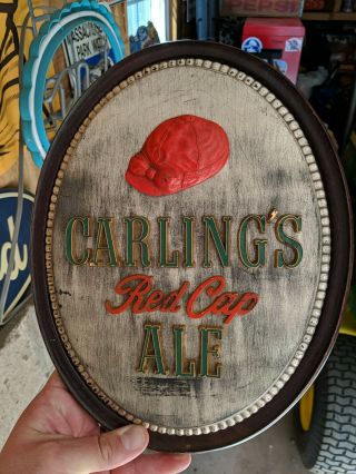 Vintage Wooden And Metal Carlings Red Cap Ale Beer Sign