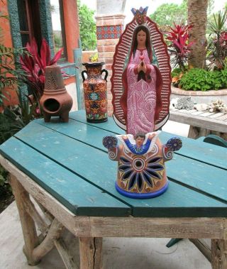 Mexican Folk Art Painted Clay Pottery Virgin Of Guadalupe Santo Figure X Lg 26 "
