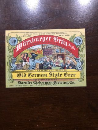 Vintage Pre - Pro Daeufer Lieberman Beer - Brewing Bottle Label Allentown Pa Irtp