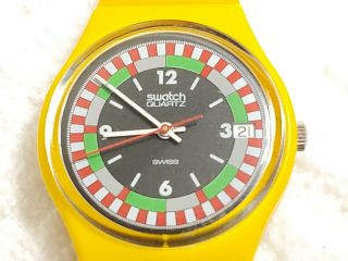 Vintage 1984 Swatch Swiss Made Yellow Racer Date Watch Black Green Red Dial