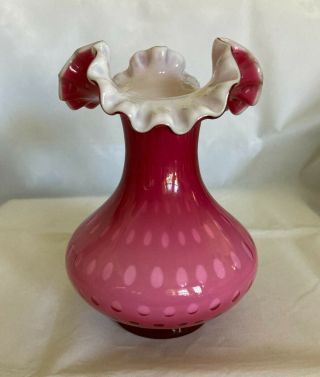 Vintage Fenton Wild Rose Overlay Bubble Optic Double Crimp Vase 7 1/4 "